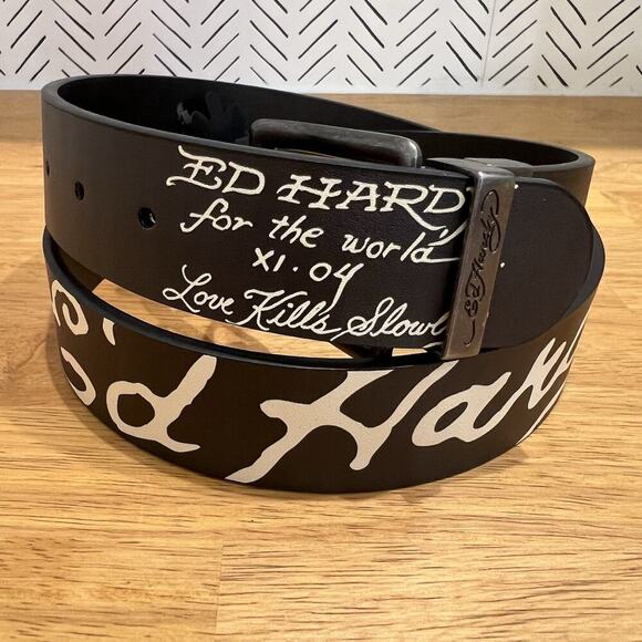 Ed Hardy "Love Kills Slowly” Black Reversible Belt Adults Size 38 Bonded Leather - Picture 2 of 9